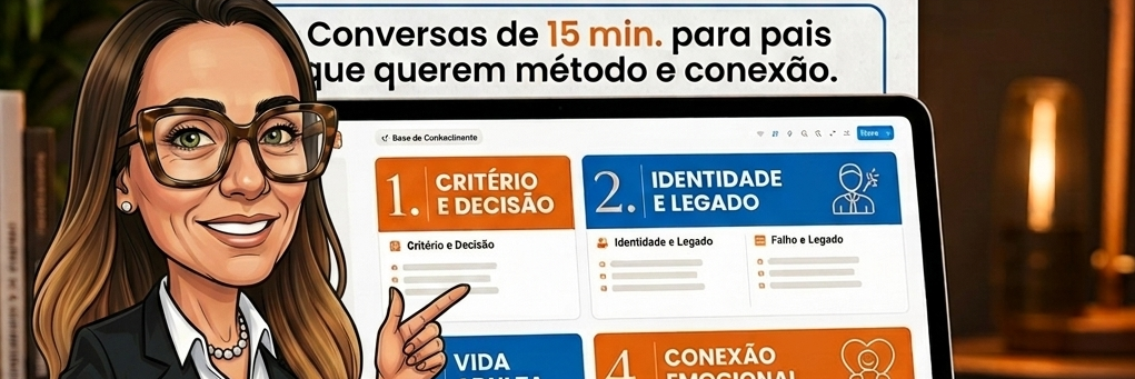 56 conversas que preparam seu filho para a vida adulta e a carreira Um roteiro de microações — 15 minutos por dia — para manter conexão e influência na adolescência, enquanto seu filho aprende a decidir com critério.